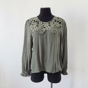 Nanette Lepore Olive Sage Green Blouse Top Lace Poetcore Bohemian Cottagecore L